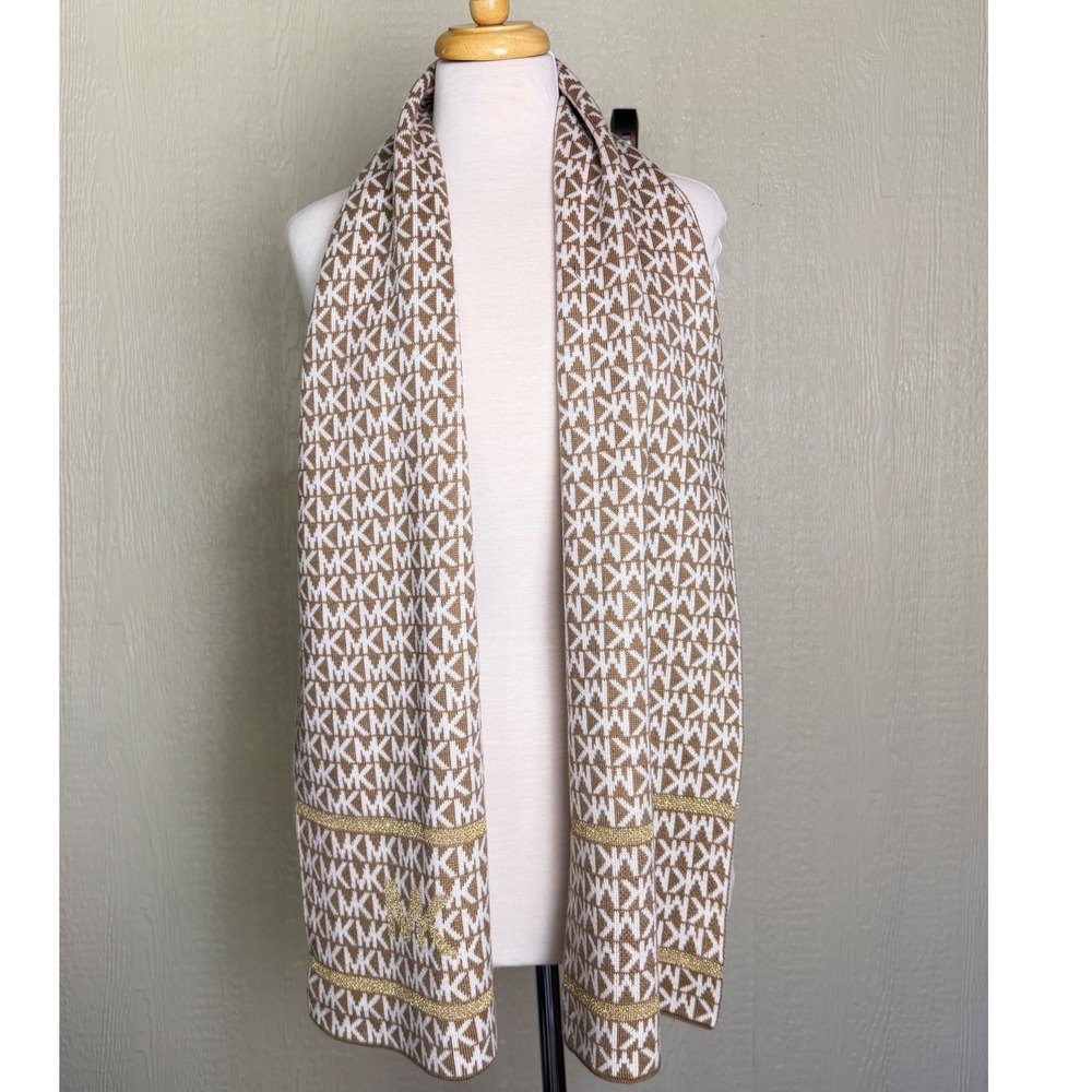 Michael Michael Kors Scarf Camel Cream MK Logo Metallic Gold Stripe Knit
